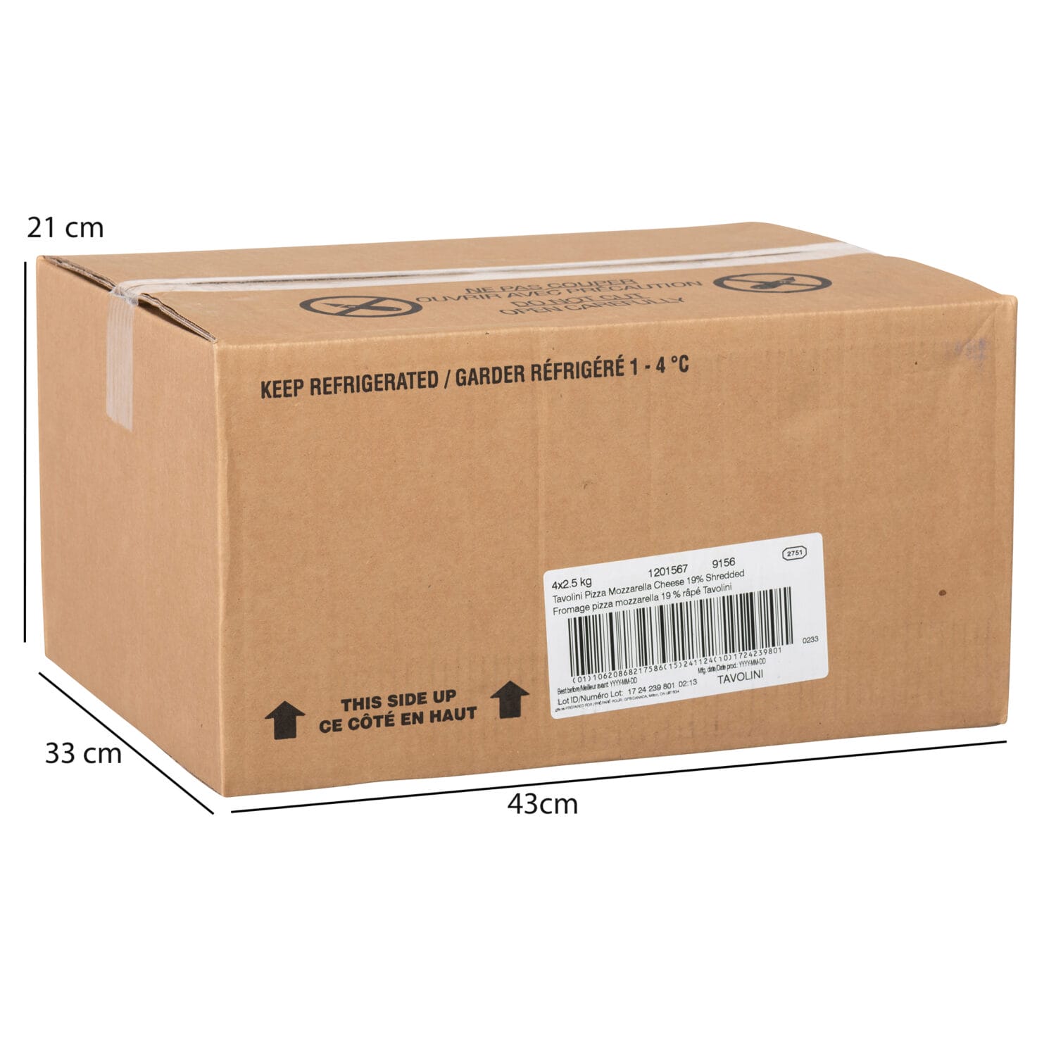 10620868217586C Tavolini Pizza Mozzarella Cheese master case – 4 x 2.5kg case shot with GS1 barcode and foodservice packaging for ECCnet product catalogue, photographed in Toronto by GS1-compliant studio