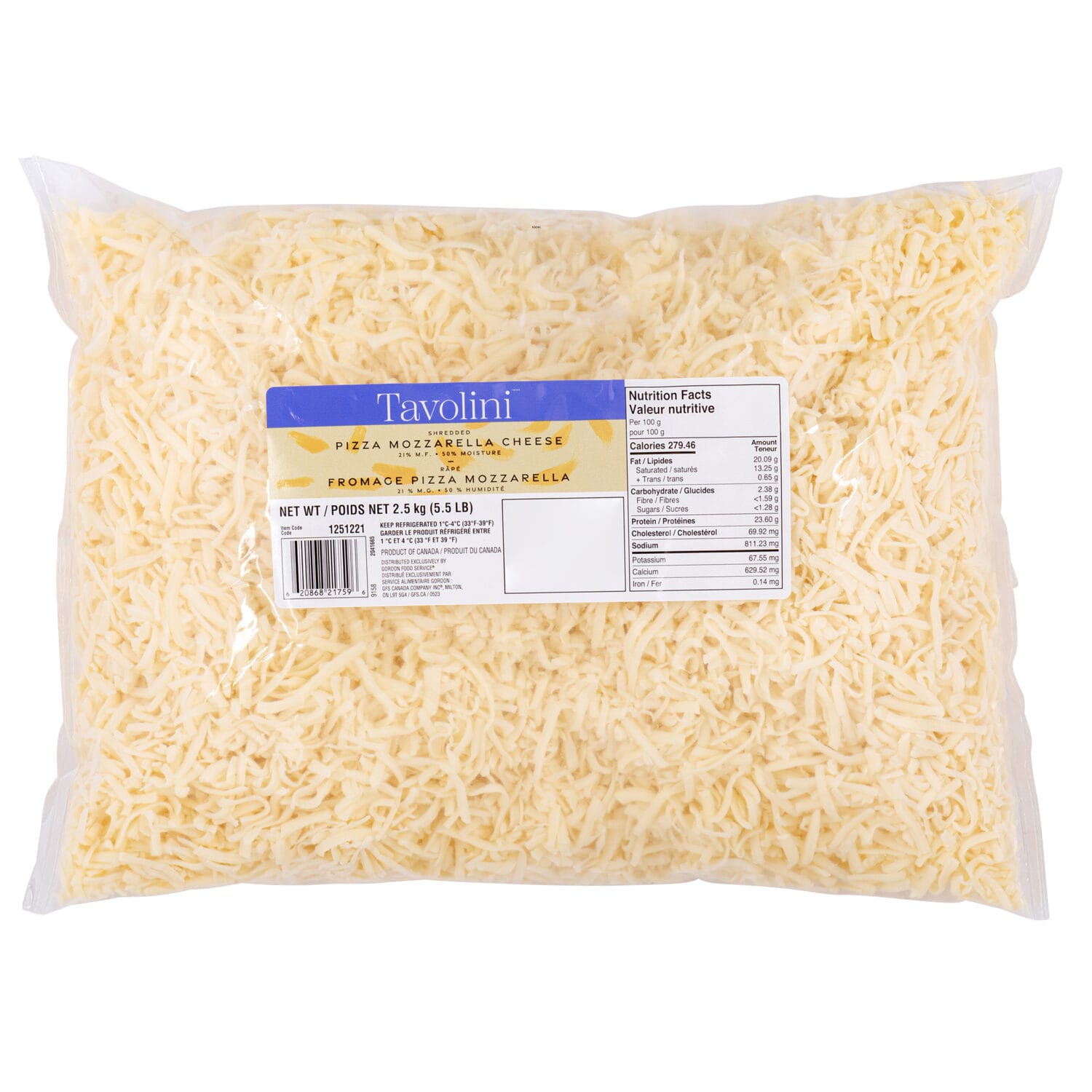 10620868217593X Tavolini Pizza Mozzarella Cheese 2.5kg vacuum-sealed bag – nutrition label and branding photographed by Mississauga food photographer for GS1 ECCnet compliance and CPG product listings
